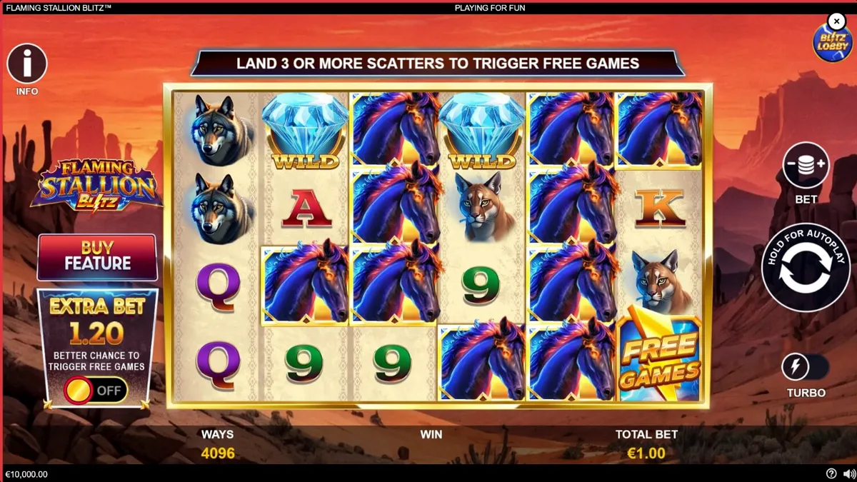 Tampilan visual slot Flaming Stallion Blitz dengan tema gurun dan kuda api